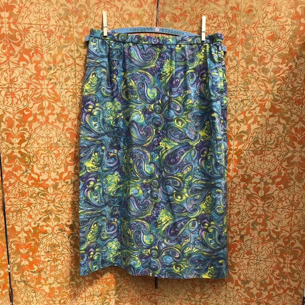 Vintage 1960s Swirl Print Pencil Skirt 60s S Skirt